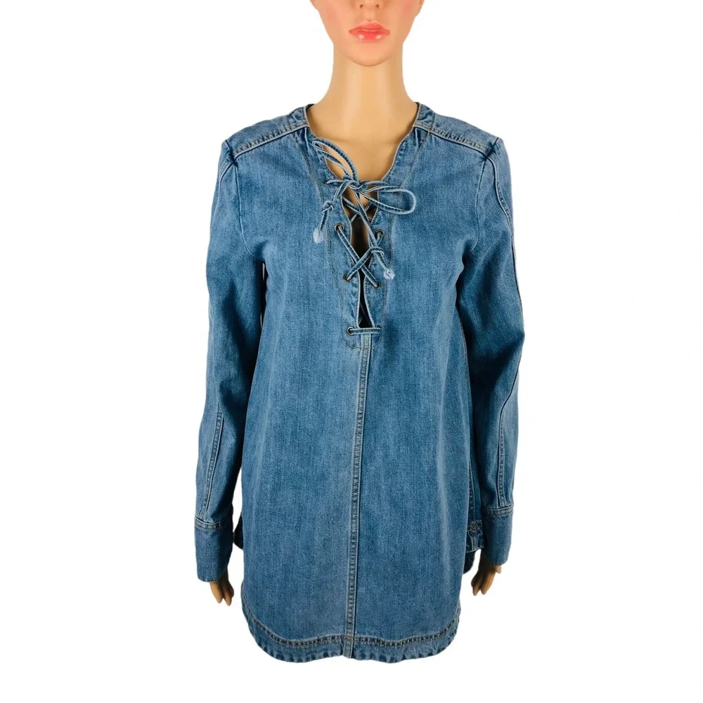 Free People Small Neopolitan Dreams Denim Tunic Lace Up Long Sleeve Cotton Boho